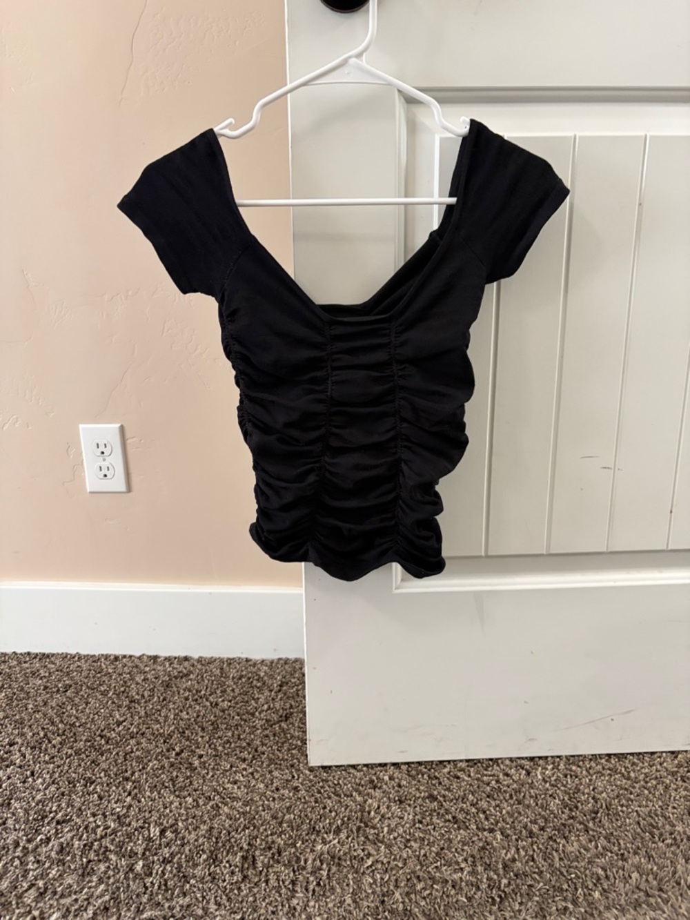 Free People Black Ruched Short Sleeve Crop Top
